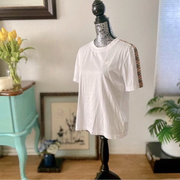 Burberry Women's White Check Trim Cotton Boxy Tee T-Shirt, Size XL - Picture 11 of 15